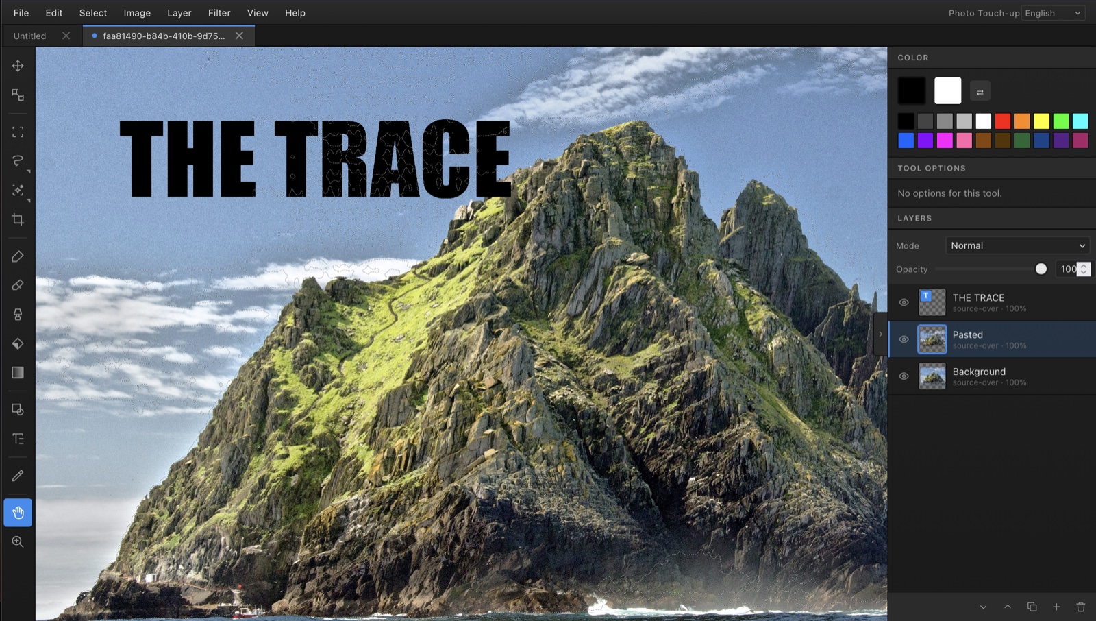 Photo Touch-Up editor interface — toolbar with selection and brush tools on the left, a landscape photo on the canvas with an editable text layer, and the layers / color / tool-options panels on the right.